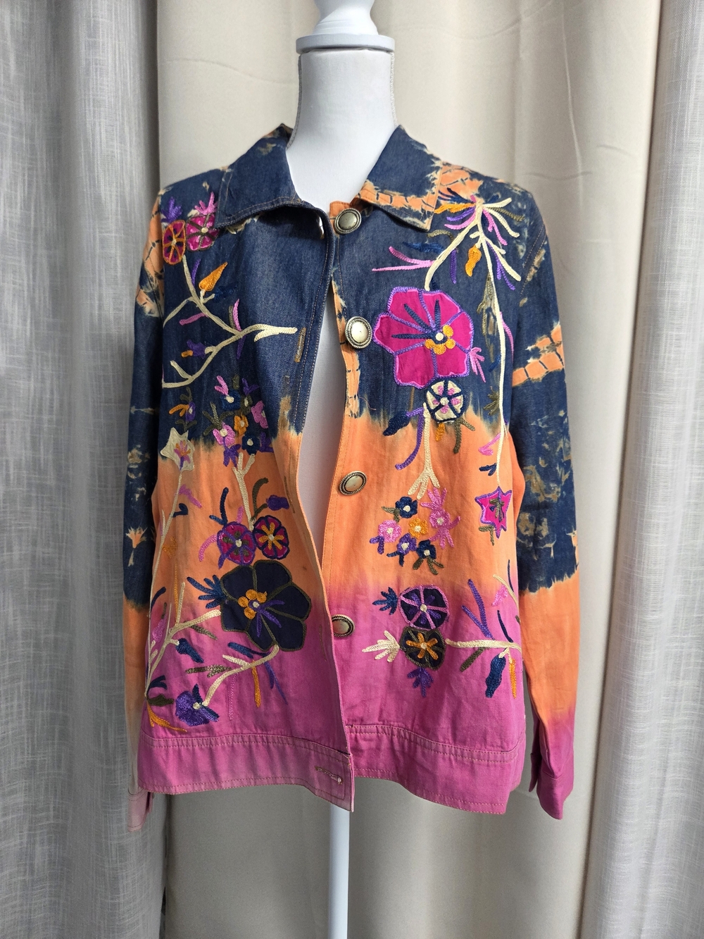 Allure Embroidered Jacket Navy Orange Pink Cotton Embroidered Boho 90s Size L
